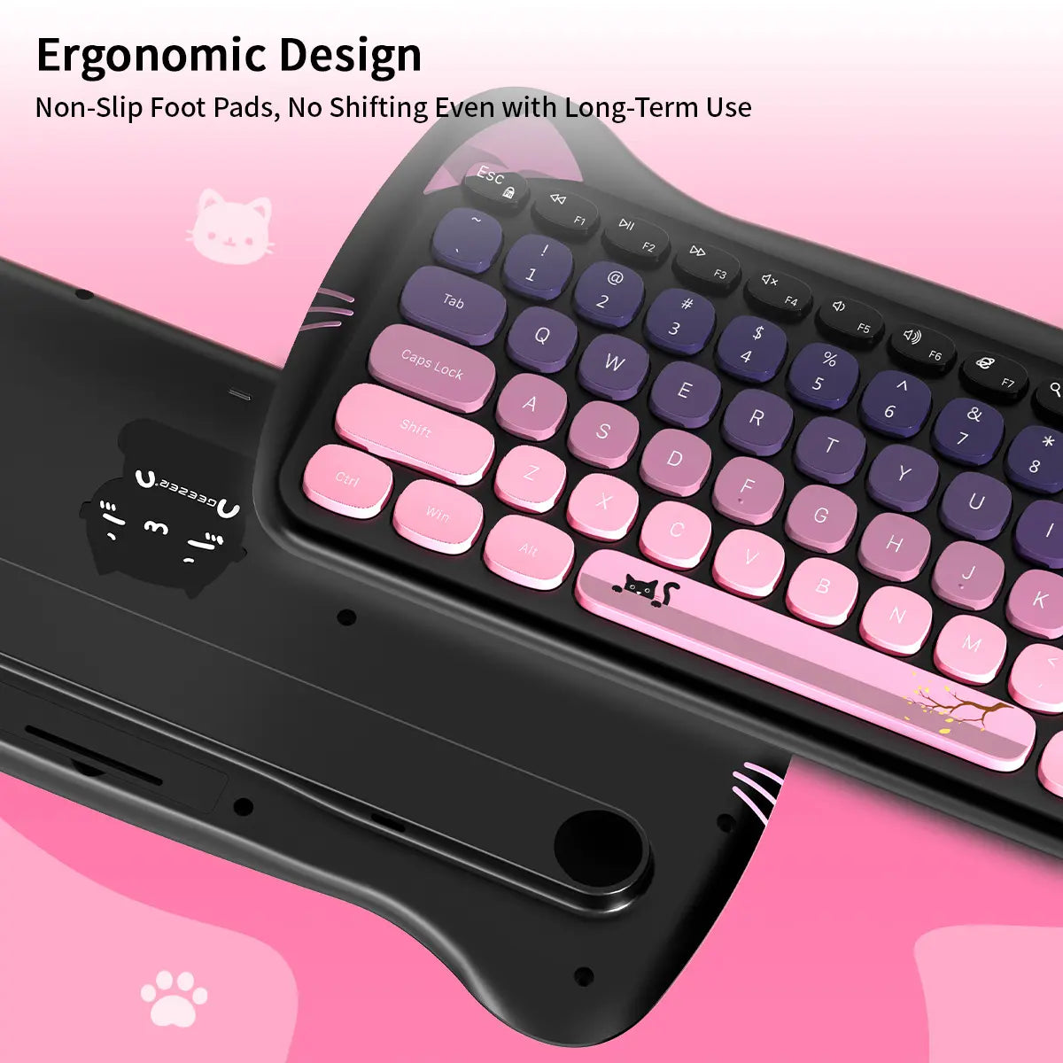 Mofii Cute Cat Keyboard Mouse Set, Ergonomic Design Keyboard, Wireless Connection, Us Qwerty, Ambidextrous, Optical Movement Detection, No Batteries Included