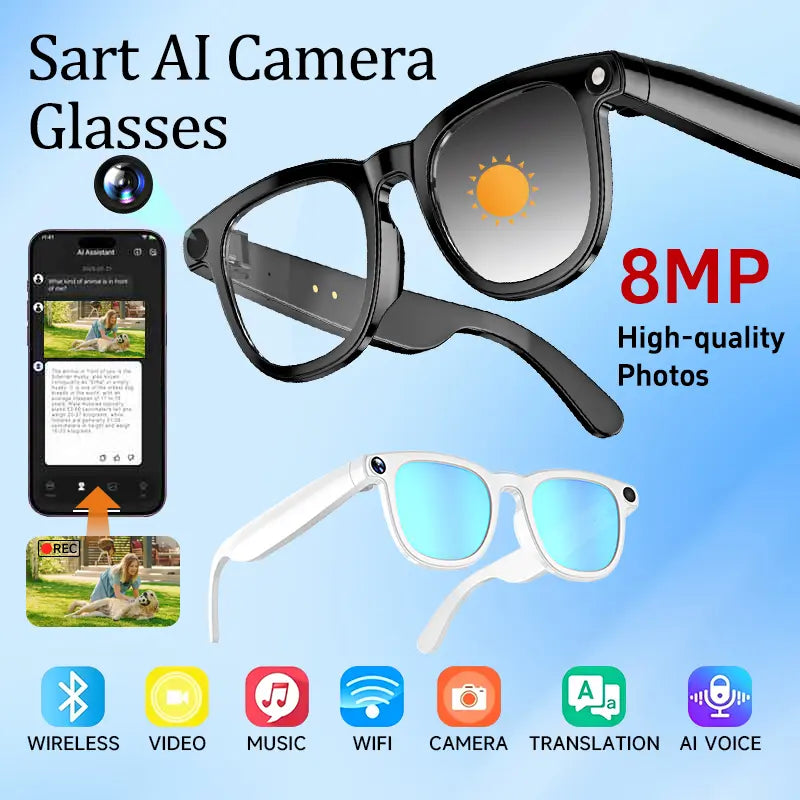 HIRO Smart AI Camera Glasses with 8MP Resolution Convenient Button Touch Adjustment for Travel Outdoor Adventures Hands-Free Photography 160+Languages Real-Time Translation Bluetooth Wireless Wearable Video Recording Gift Multifunctional Audio Sunglasse