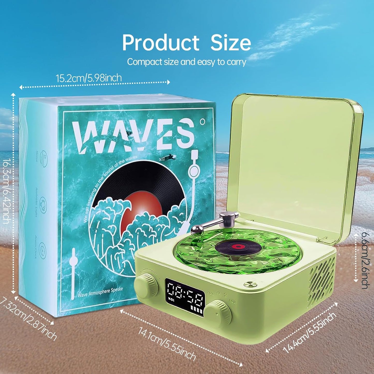 Retro-Style Wireless Waves Vinyl Bluetooth Speaker for Sea White Noise with Bedroom Clock & Ambience Light, a Great Gift Suited for Computer Desktop, Green, THYX-001GRUS