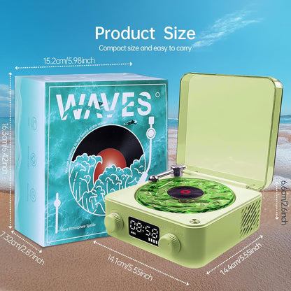 Retro-Style Wireless Waves Vinyl Bluetooth Speaker for Sea White Noise with Bedroom Clock & Ambience Light, a Great Gift Suited for Computer Desktop, Green, THYX-001GRUS