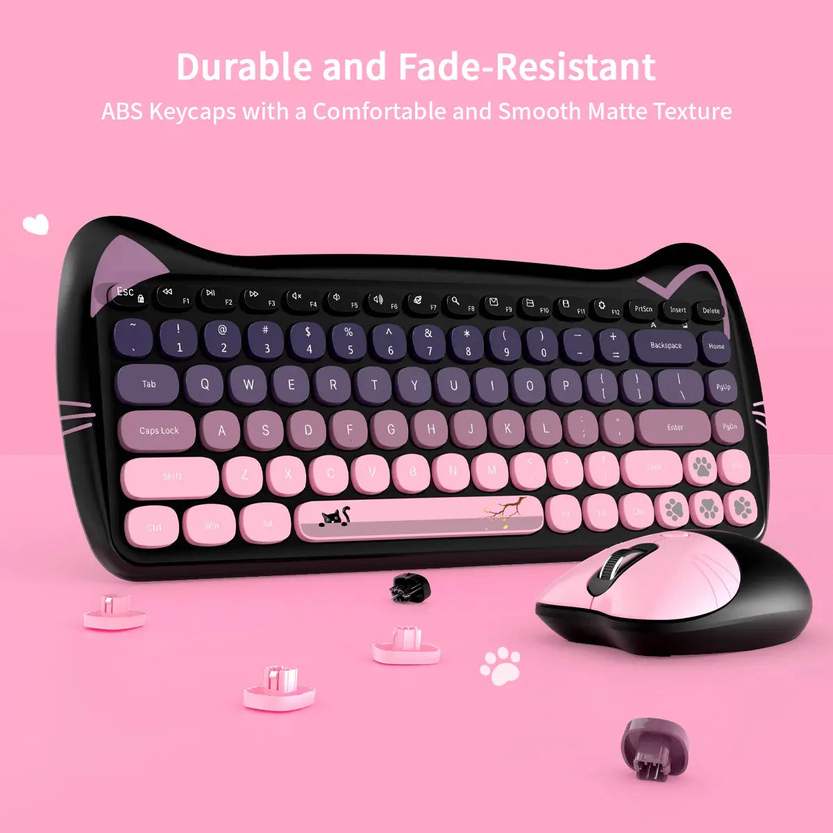 Mofii Cute Cat Keyboard Mouse Set, Ergonomic Design Keyboard, Wireless Connection, Us Qwerty, Ambidextrous, Optical Movement Detection, No Batteries Included