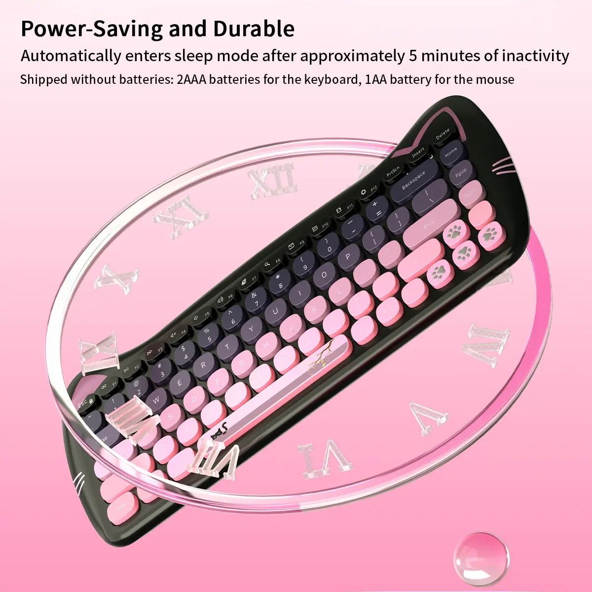 Mofii Cute Cat Keyboard Mouse Set, Ergonomic Design Keyboard, Wireless Connection, Us Qwerty, Ambidextrous, Optical Movement Detection, No Batteries Included