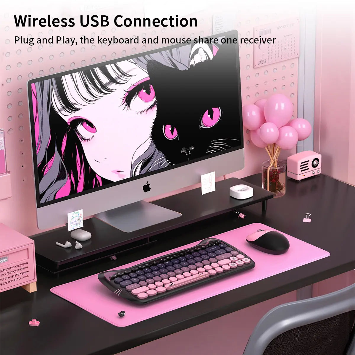 Mofii Cute Cat Keyboard Mouse Set, Ergonomic Design Keyboard, Wireless Connection, Us Qwerty, Ambidextrous, Optical Movement Detection, No Batteries Included