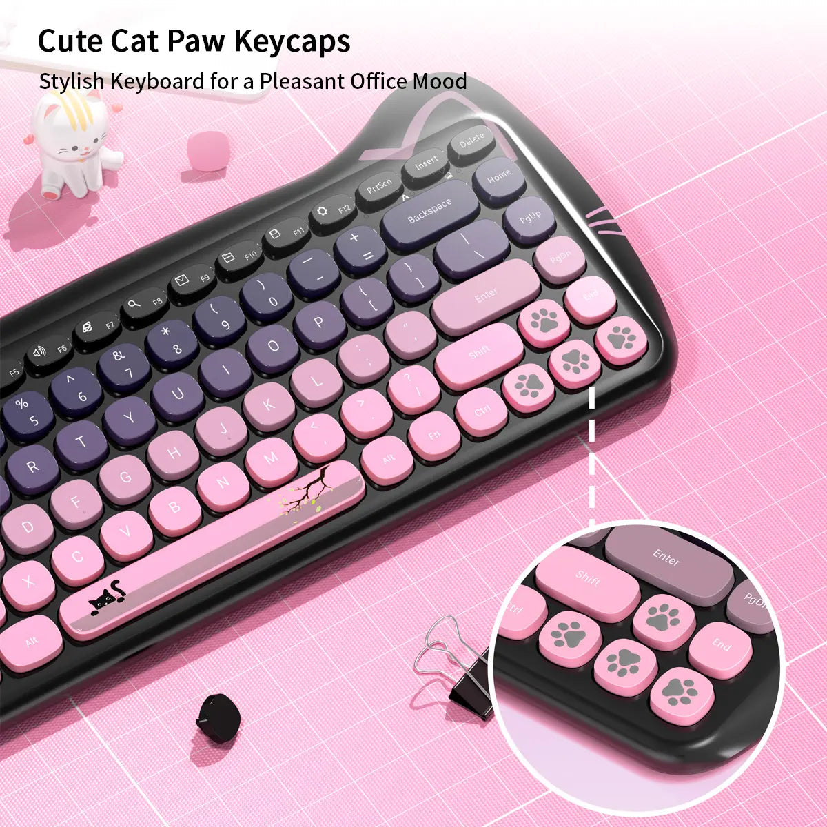 Mofii Cute Cat Keyboard Mouse Set, Ergonomic Design Keyboard, Wireless Connection, Us Qwerty, Ambidextrous, Optical Movement Detection, No Batteries Included
