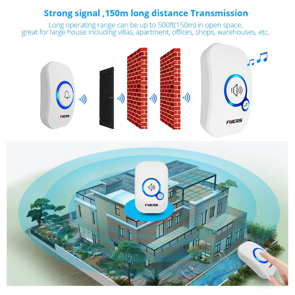 Wireless Doorbell Waterproof Welcome Chime Home Door Bell Intelligent 32 Songs Smart Alarm with Battery for Store Hotel