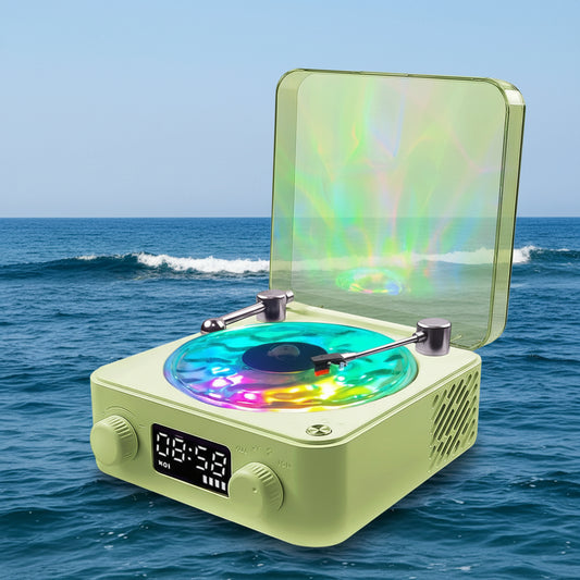 Retro-Style Wireless Waves Vinyl Bluetooth Speaker for Sea White Noise with Bedroom Clock & Ambience Light, a Great Gift Suited for Computer Desktop, Green, THYX-001GRUS