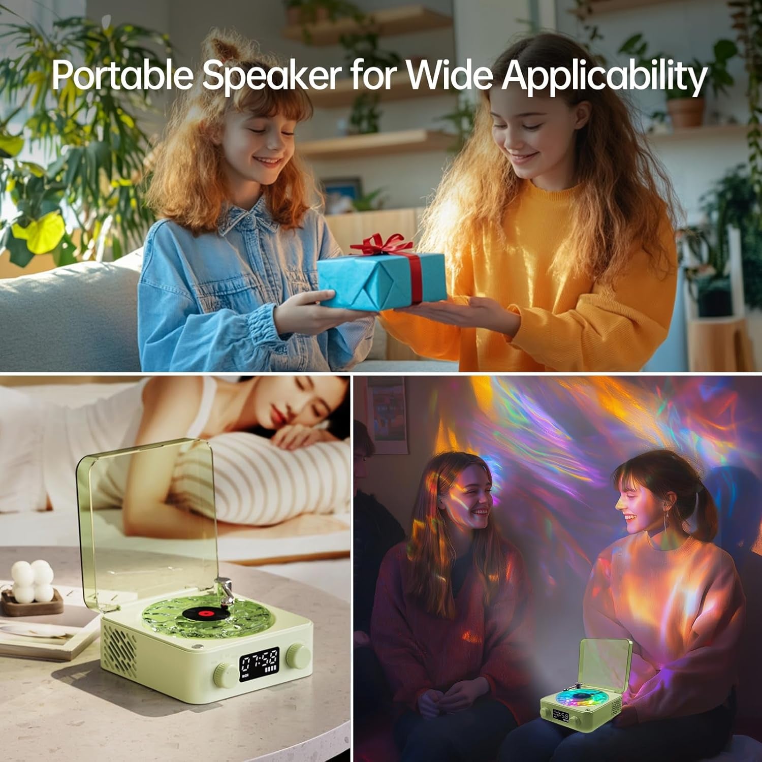 Retro-Style Wireless Waves Vinyl Bluetooth Speaker for Sea White Noise with Bedroom Clock & Ambience Light, a Great Gift Suited for Computer Desktop, Green, THYX-001GRUS