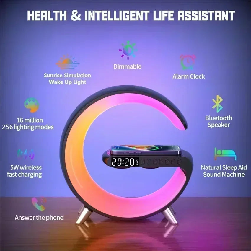 Wireless Charger Pad Stand Bluetooth Speaker LED RGB Night Lights Lamp Alarm Clock Fast Charging Station Dock for Iphone Samsung