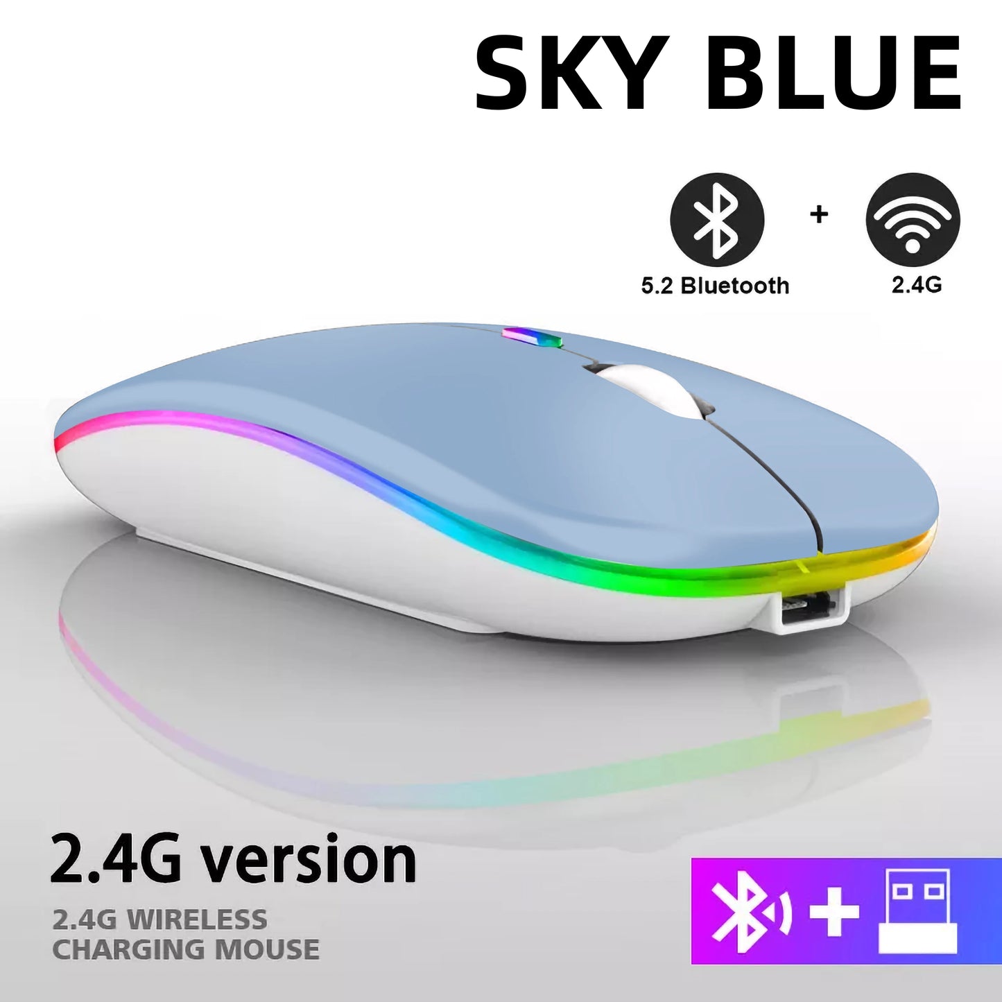 Rechargeable Bluetooth Wireless Mouse with 2.4Ghz USB RGB 1600DPI Mouse for Computer Laptop Tablet PC Macbook Gaming Mouse Gamer