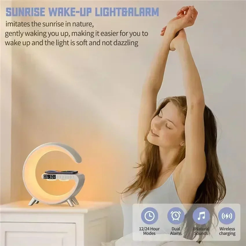 Wireless Charger Pad Stand Bluetooth Speaker LED RGB Night Lights Lamp Alarm Clock Fast Charging Station Dock for Iphone Samsung