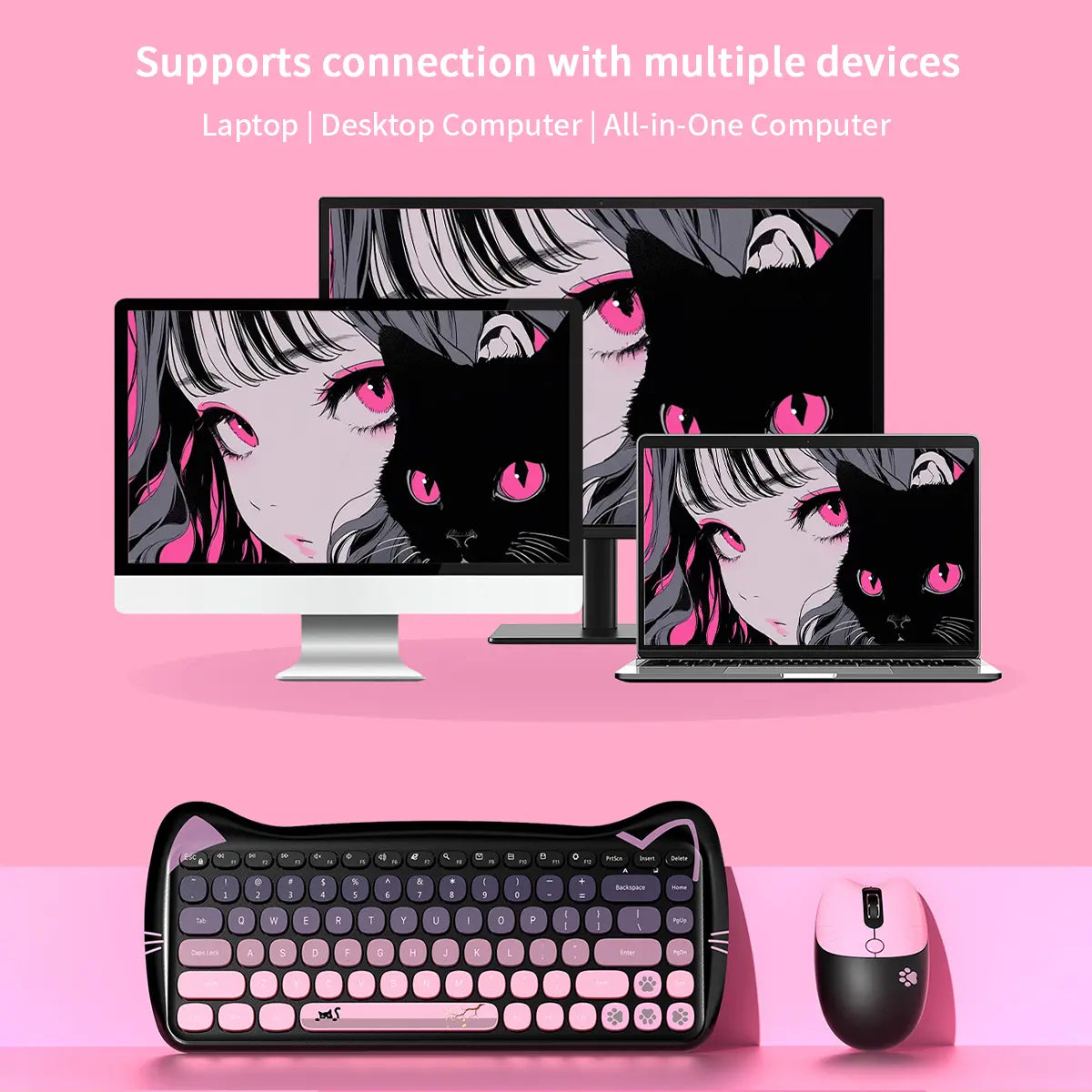 Mofii Cute Cat Keyboard Mouse Set, Ergonomic Design Keyboard, Wireless Connection, Us Qwerty, Ambidextrous, Optical Movement Detection, No Batteries Included