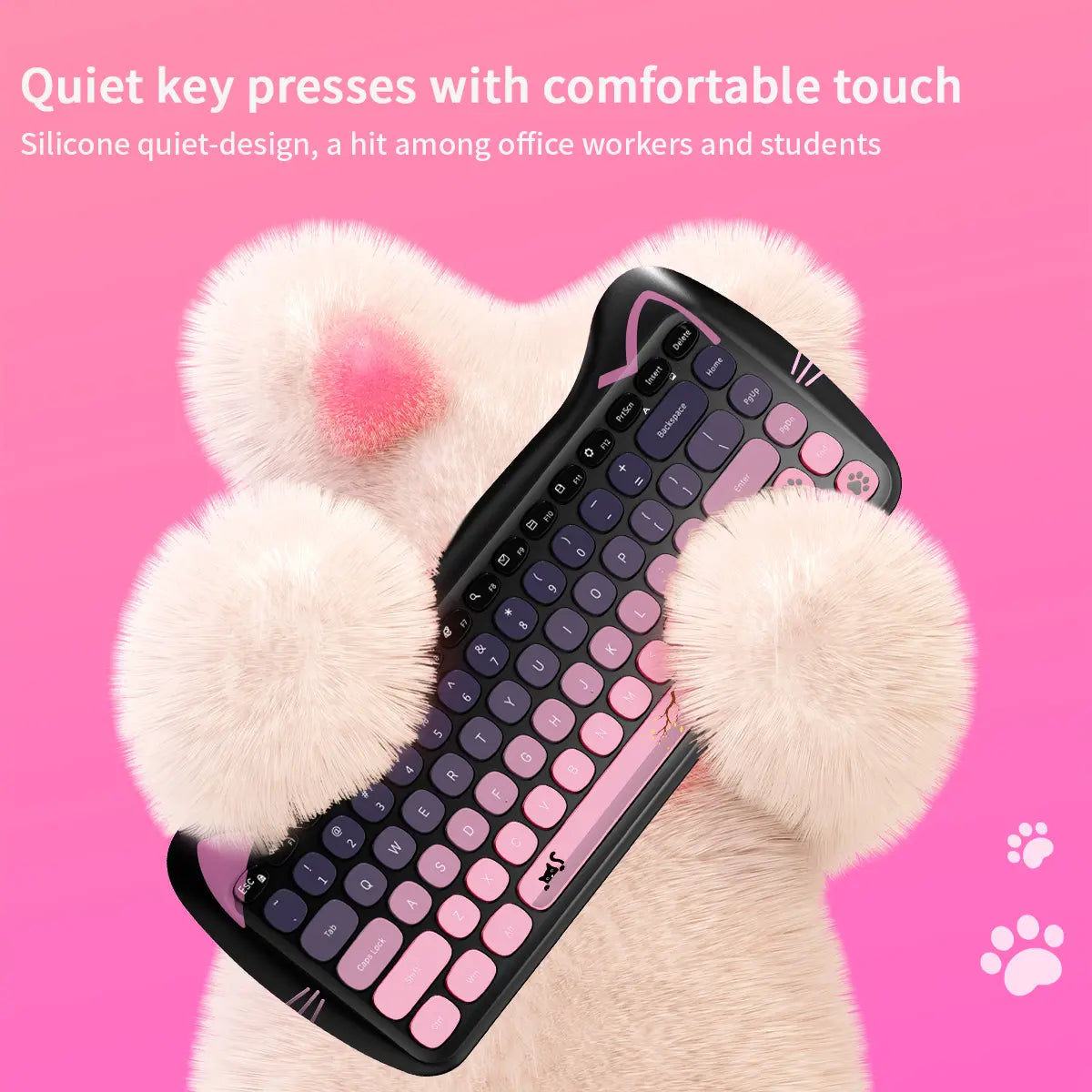 Mofii Cute Cat Keyboard Mouse Set, Ergonomic Design Keyboard, Wireless Connection, Us Qwerty, Ambidextrous, Optical Movement Detection, No Batteries Included