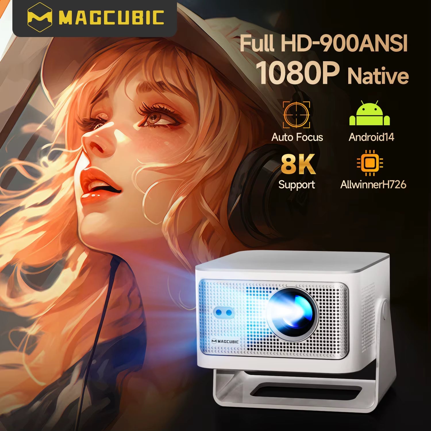 Auto Focus Android14 4K Projector 900ANSI 8K Native 1080P Hy350Max with Wifi6 BT5.4 16G Allwinner H726 Portable Outdoor