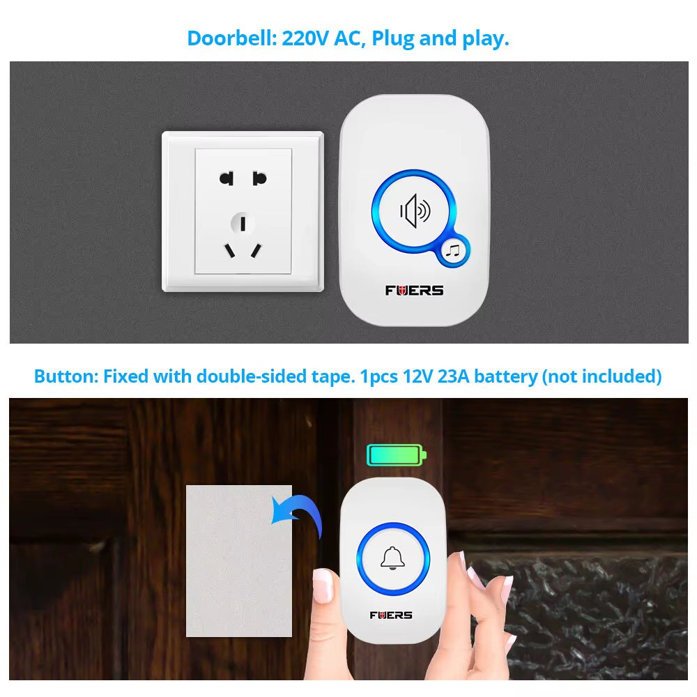 Wireless Doorbell Waterproof Welcome Chime Home Door Bell Intelligent 32 Songs Smart Alarm with Battery for Store Hotel