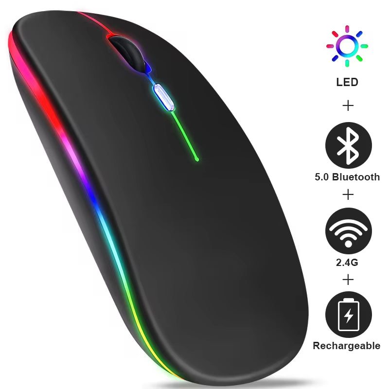 Rechargeable Bluetooth Wireless Mouse with 2.4Ghz USB RGB 1600DPI Mouse for Computer Laptop Tablet PC Macbook Gaming Mouse Gamer