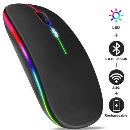 Rechargeable Bluetooth Wireless Mouse with 2.4Ghz USB RGB 1600DPI Mouse for Computer Laptop Tablet PC Macbook Gaming Mouse Gamer