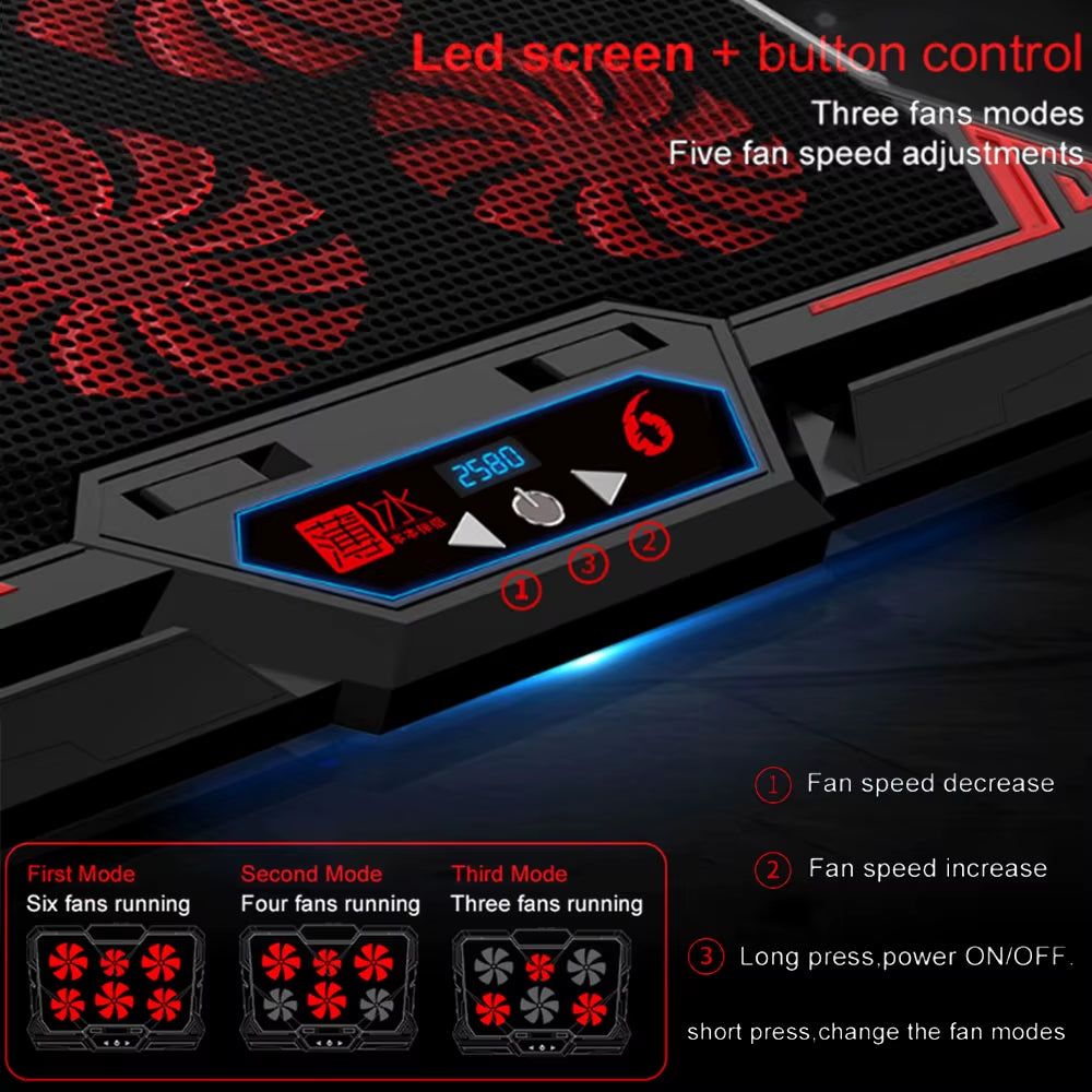 Gaming Laptop Cooler Base Notebook Fan Stand Cooling Radiator Silent Cooling 6 Fan 2 USB Port Laptop Accessories