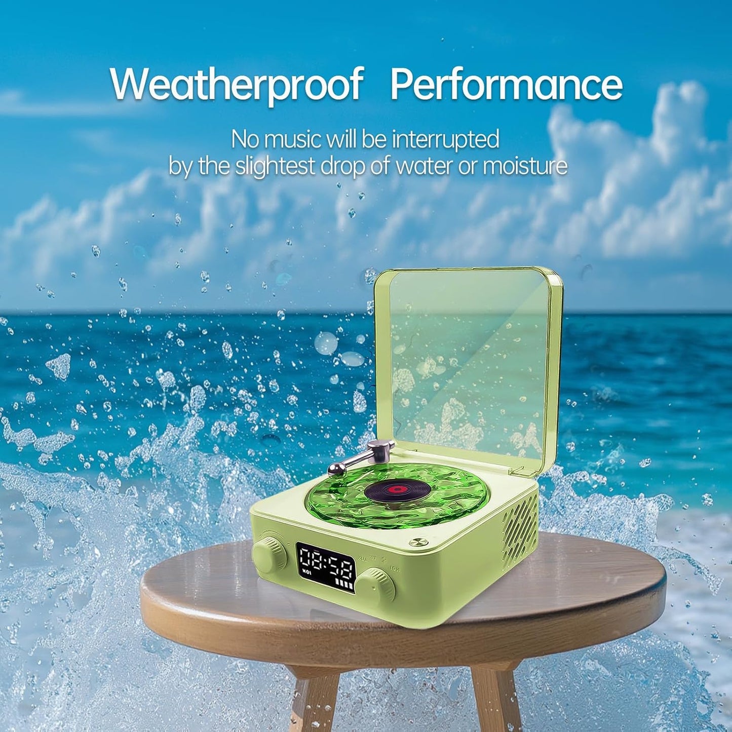 Retro-Style Wireless Waves Vinyl Bluetooth Speaker for Sea White Noise with Bedroom Clock & Ambience Light, a Great Gift Suited for Computer Desktop, Green, THYX-001GRUS