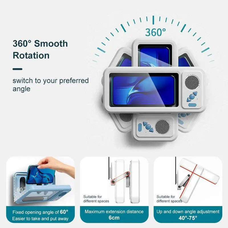 Waterproof Phone Holder Bluetooth Speaker 360°Rotation for Bathroom/Shower