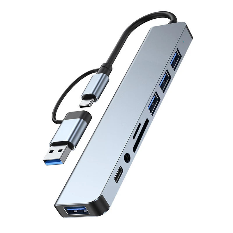 8 in 2 USB +Type C HUB Docking Station with 3.5Mm Audio Jack Adapter Micro SD Card Reader Laptop Tablet Phone Disk Converter