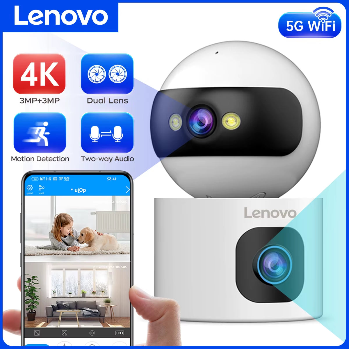 Lenovo 4K IP Camera 5G Wifi Dual Lens Smart Home Auto Tracking CCTV Camera Wireless Surveillance Camera Security Baby Monitor