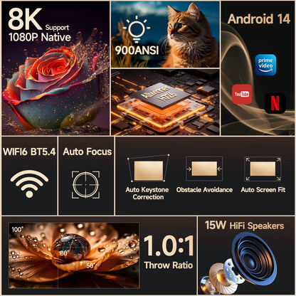 Auto Focus Android14 4K Projector 900ANSI 8K Native 1080P Hy350Max with Wifi6 BT5.4 16G Allwinner H726 Portable Outdoor
