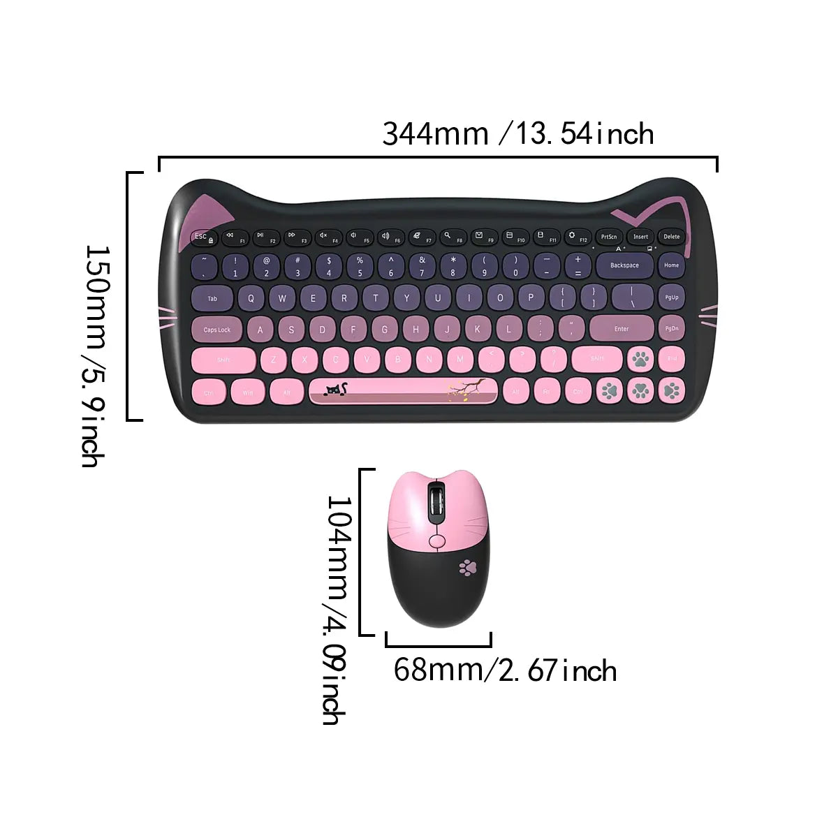 Mofii Cute Cat Keyboard Mouse Set, Ergonomic Design Keyboard, Wireless Connection, Us Qwerty, Ambidextrous, Optical Movement Detection, No Batteries Included