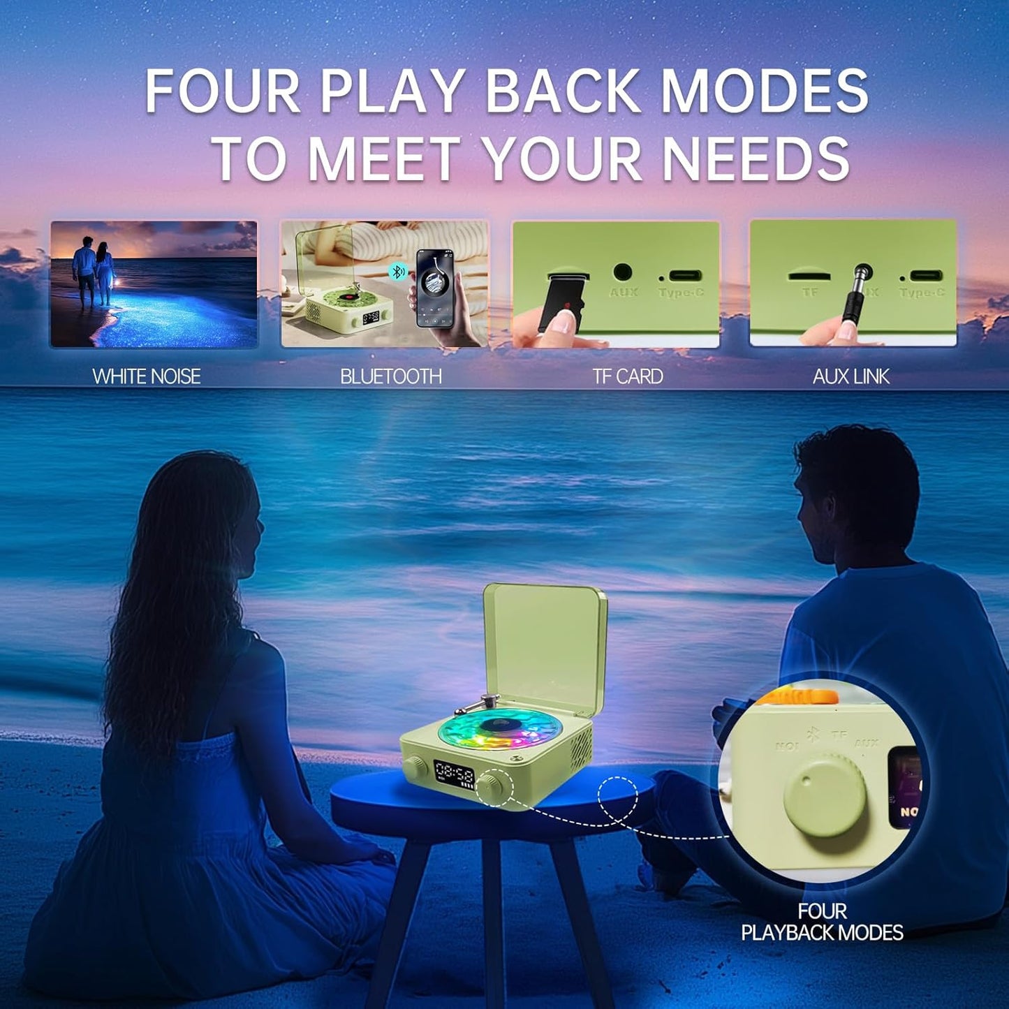 Retro-Style Wireless Waves Vinyl Bluetooth Speaker for Sea White Noise with Bedroom Clock & Ambience Light, a Great Gift Suited for Computer Desktop, Green, THYX-001GRUS