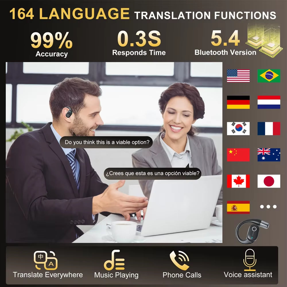 Open Bluetooth Earphones 164 Languages Real Time Translator Headphones Wireless Earbuds for Travel Learning Sports Gaming