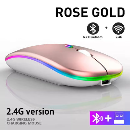 Rechargeable Bluetooth Wireless Mouse with 2.4Ghz USB RGB 1600DPI Mouse for Computer Laptop Tablet PC Macbook Gaming Mouse Gamer