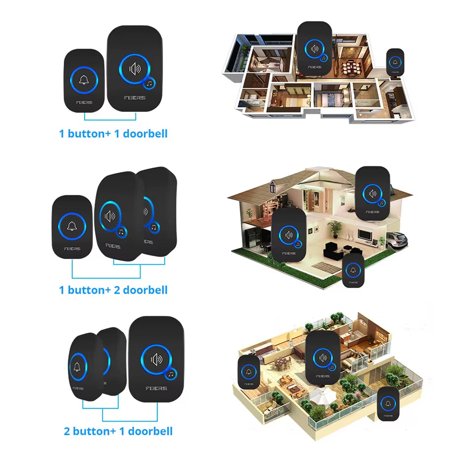 Wireless Doorbell Waterproof Welcome Chime Home Door Bell Intelligent 32 Songs Smart Alarm with Battery for Store Hotel