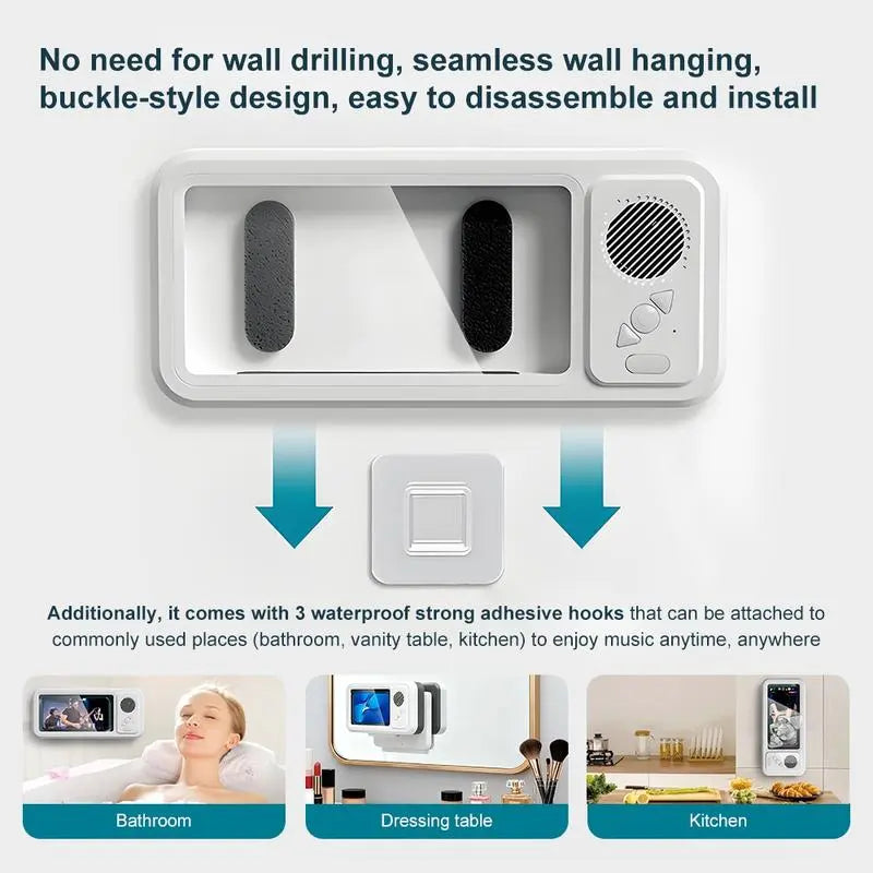 Waterproof Phone Holder Bluetooth Speaker 360°Rotation for Bathroom/Shower